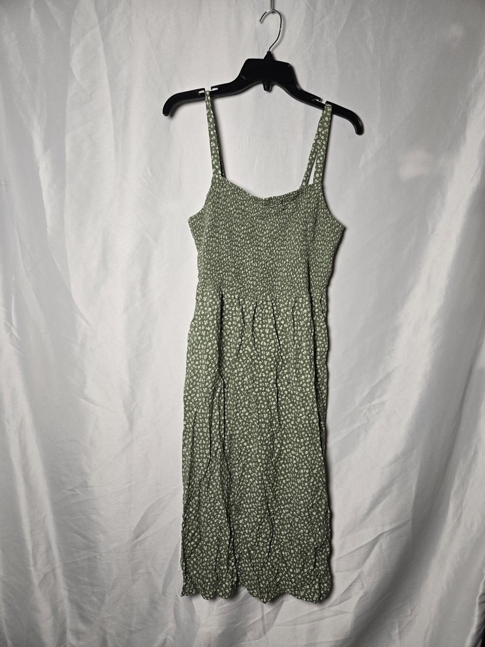 Old Navy Olive Green Smocked Midi Dress with White Ditsy Print